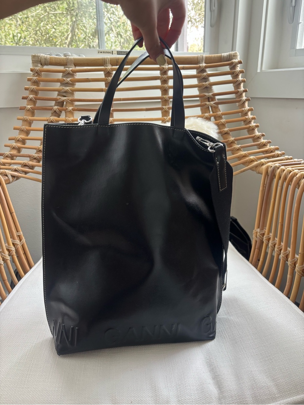 Ganni Black Leather Tote Laptop Bag